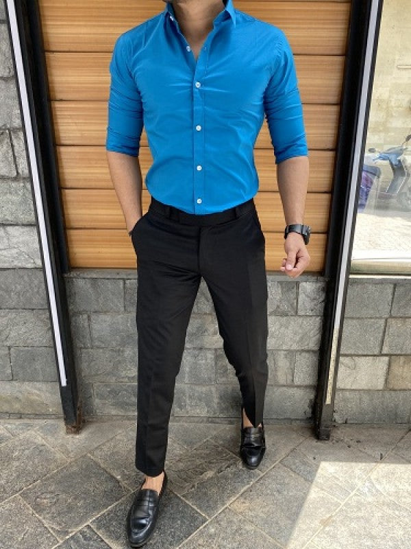 Plain Stretchable Blue Fullsleeves Shirt