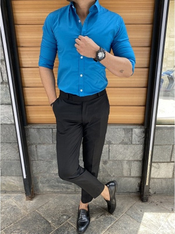 Plain Stretchable Blue Fullsleeves Shirt
