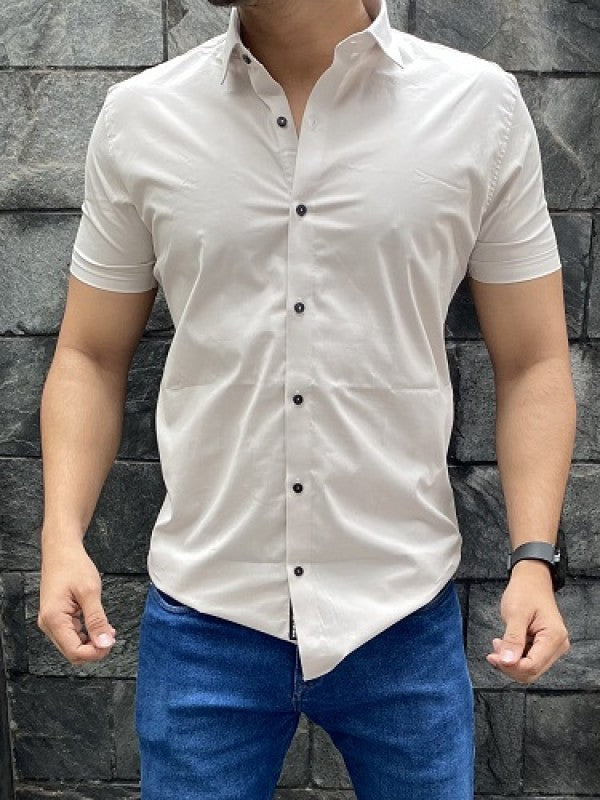 Plain Cotton Lycra Cream Shirt