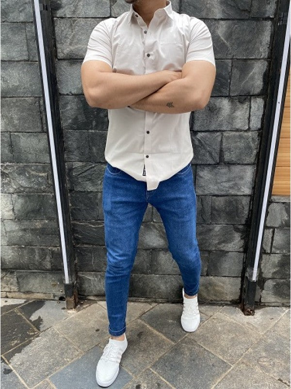 Plain Cotton Lycra Cream Shirt