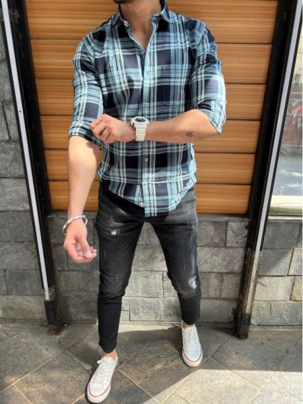 Premium Cotton Navy Fullsleeve  Chex