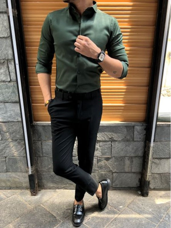 Stretchable Cotton Satin Green Fullsleeve Shirt