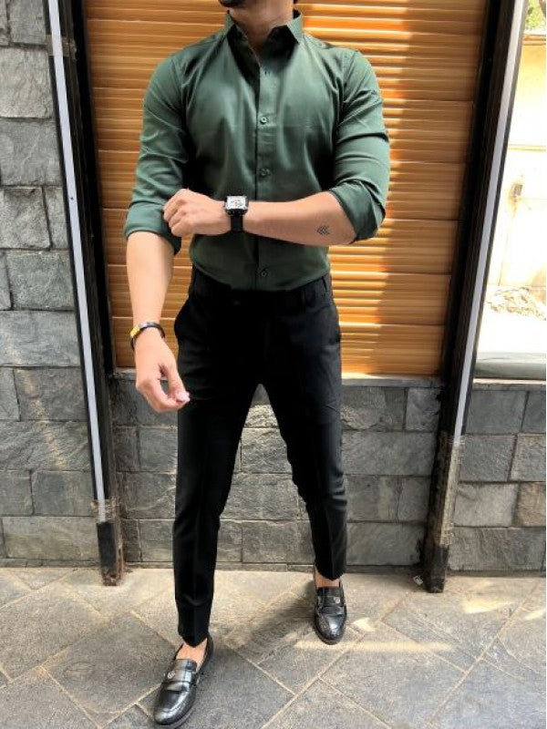Stretchable Cotton Satin Green Fullsleeve Shirt
