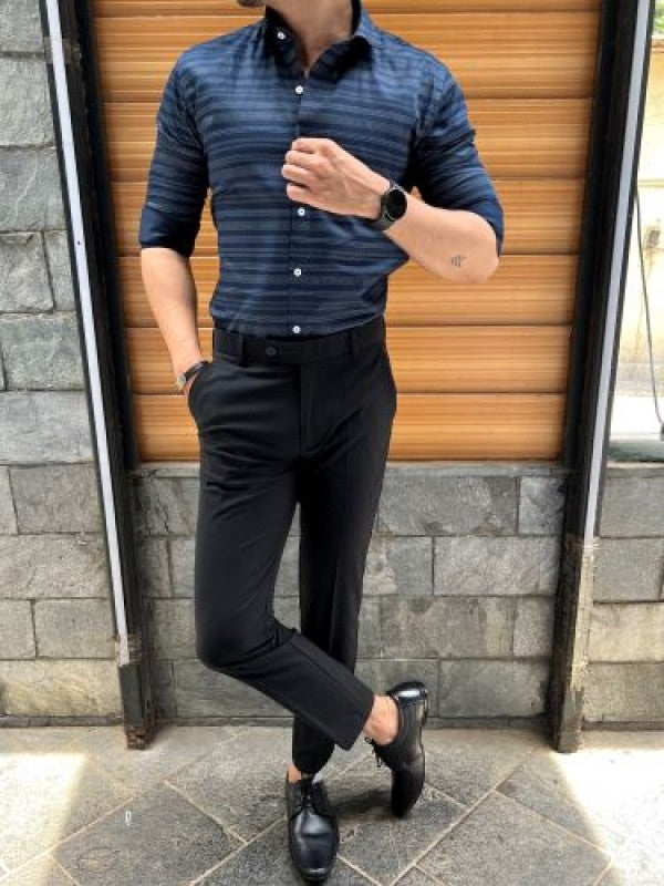 Party Wear Horizontal Stripe Blue Shirt