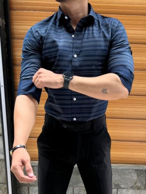 Party Wear Horizontal Stripe Blue Shirt