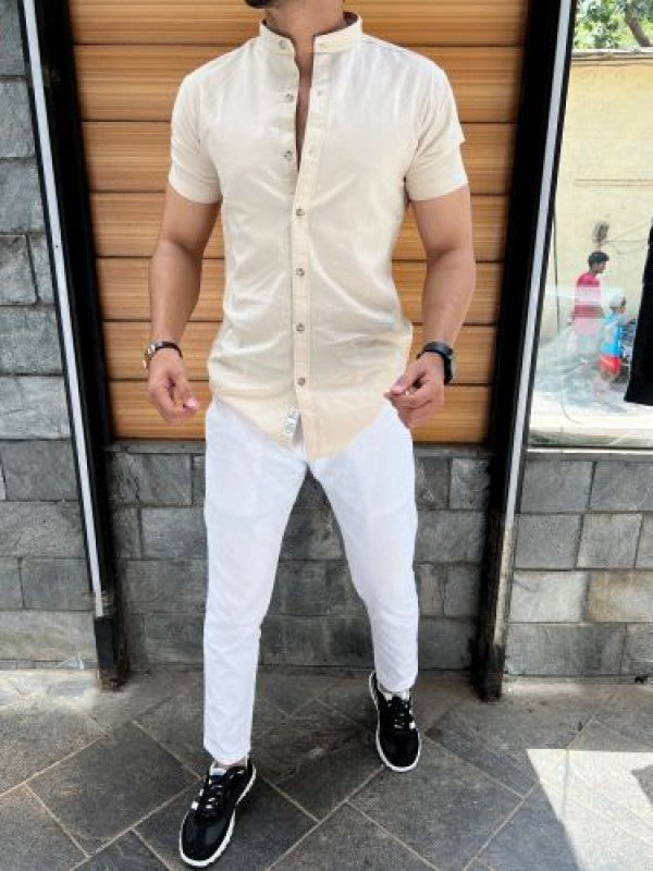 Chinese Collar Beige Linen Slub Half Shirt