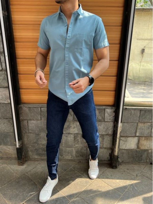Linen Slub Half Blue Shirt