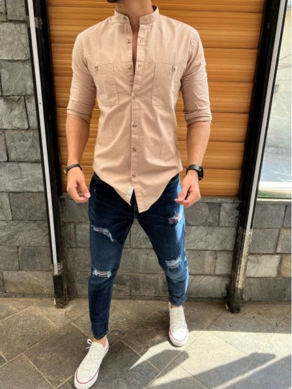 Mandarin Cargo Cream Linen Slub Shirt