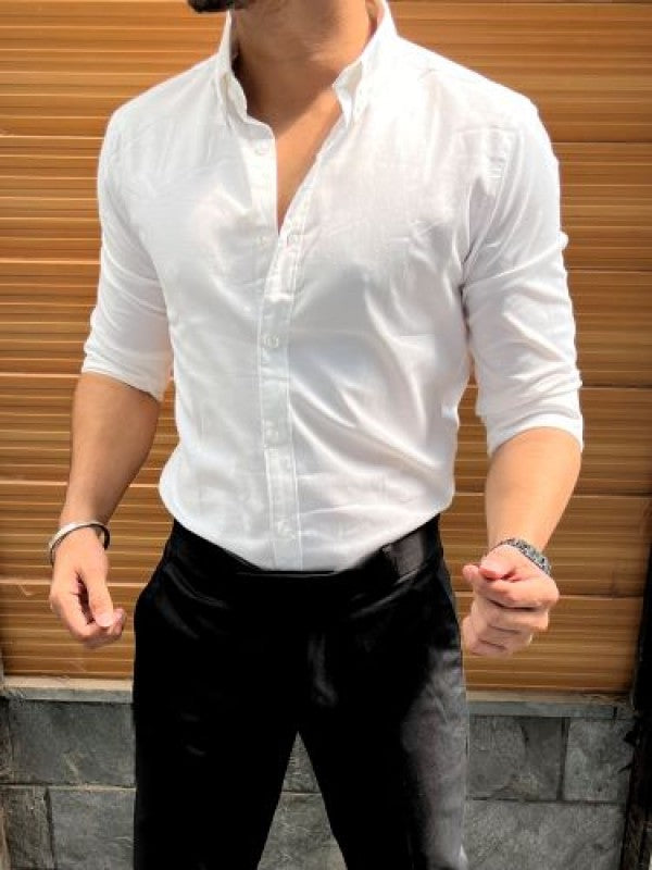 Oxford Down Button Stretchable White Shirt