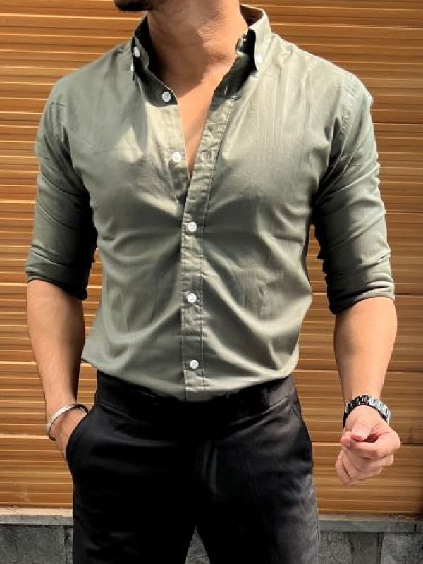 Oxford Down Button Stretchable Olive Shirt