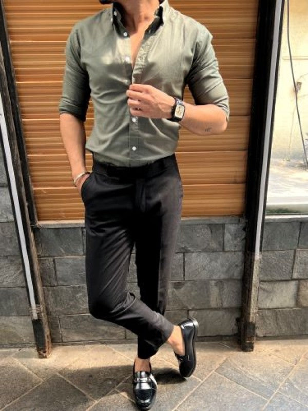 Oxford Down Button Stretchable Olive Shirt
