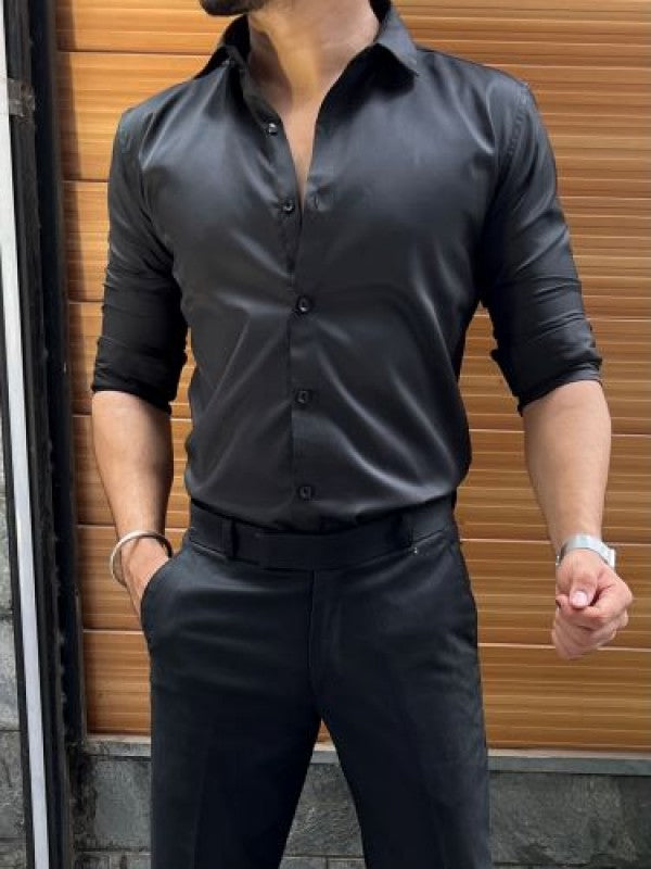 Pure Satin Black Fullsleeves  Shirt