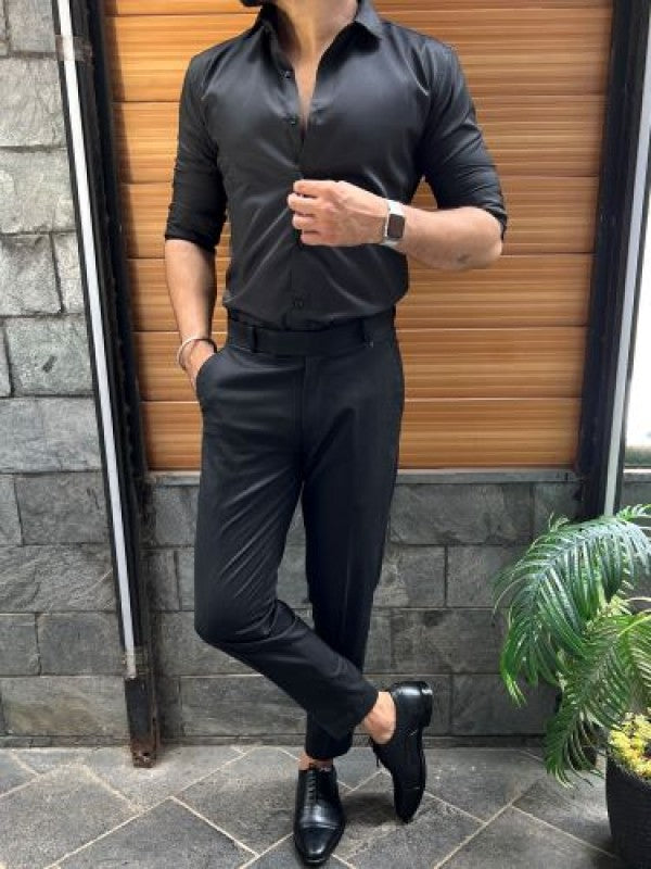 Pure Satin Black Fullsleeves  Shirt