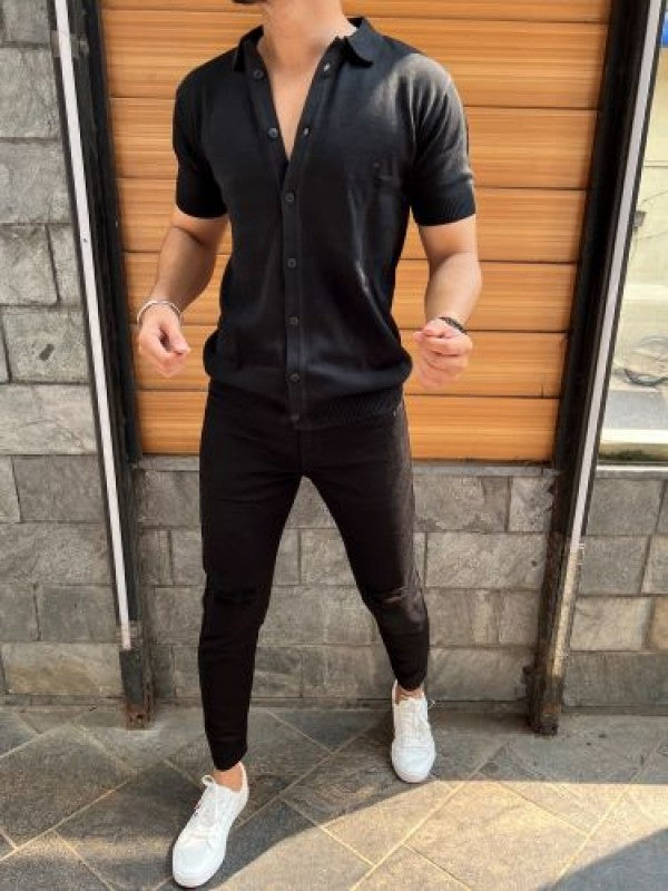 Knit Fabric Black Half Shirt