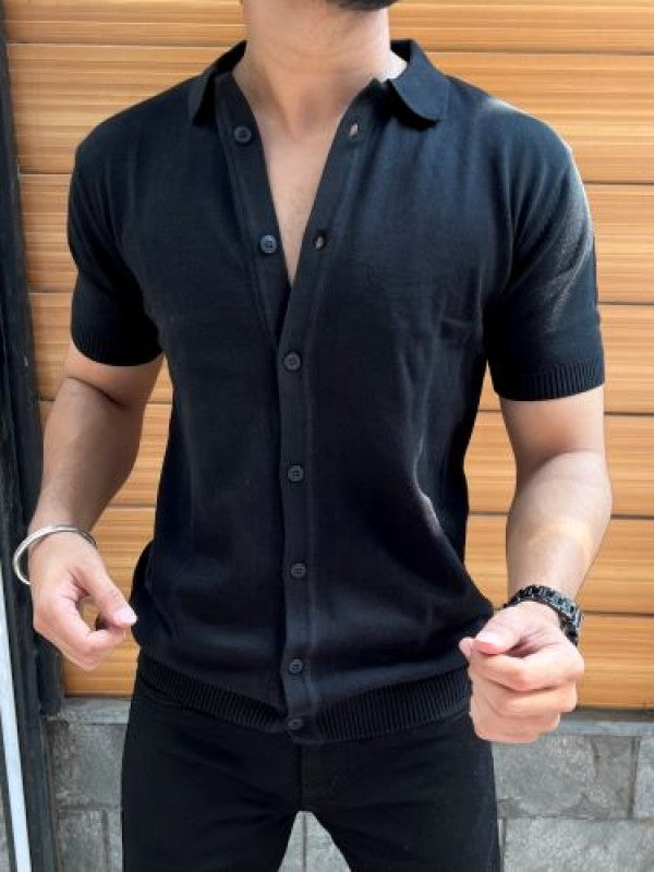 Knit Fabric Black Half Shirt
