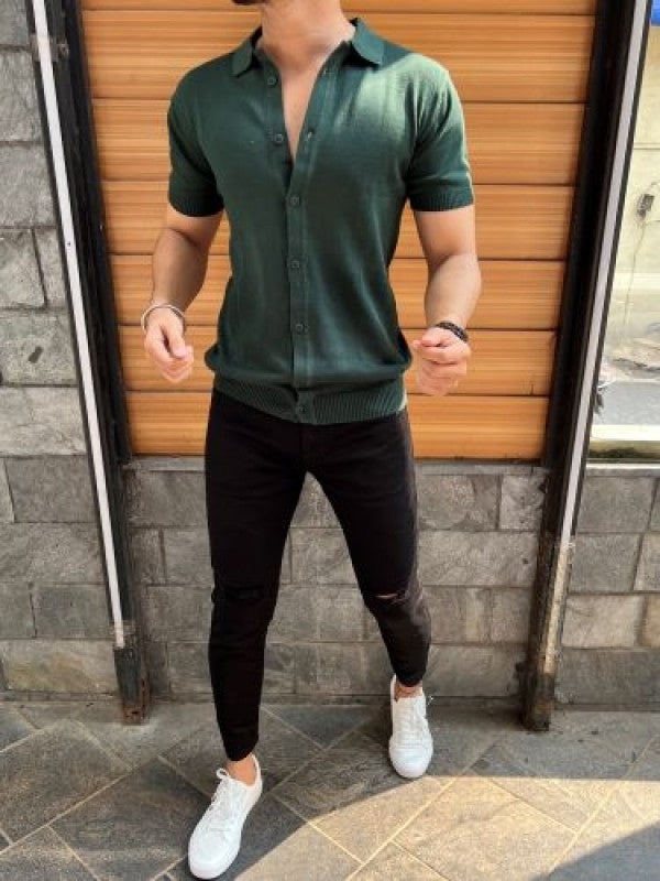Knit Fabric Green Half Shirt