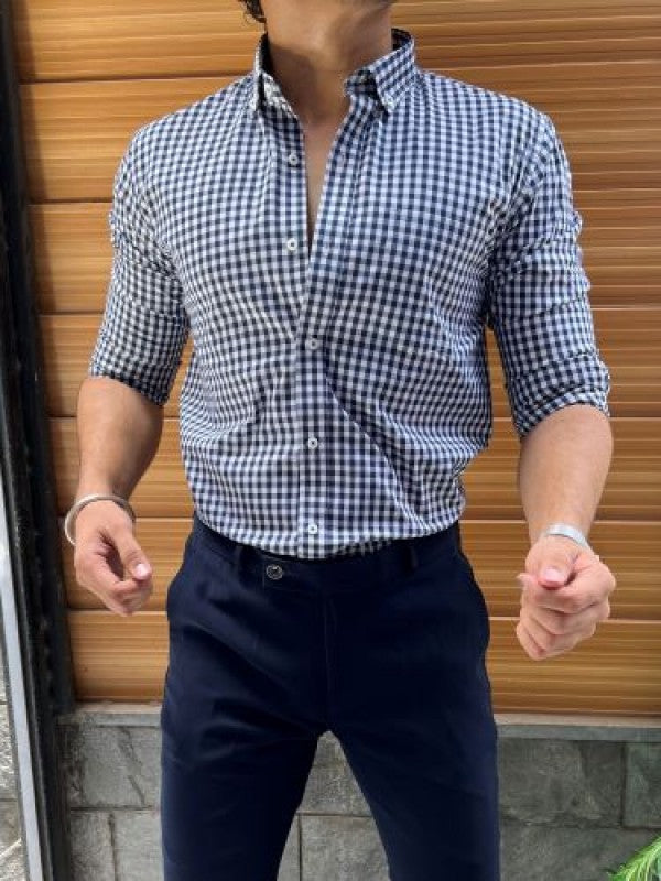 Mini Chex Down Button Navy 2 Full sleeve Formal Shirt