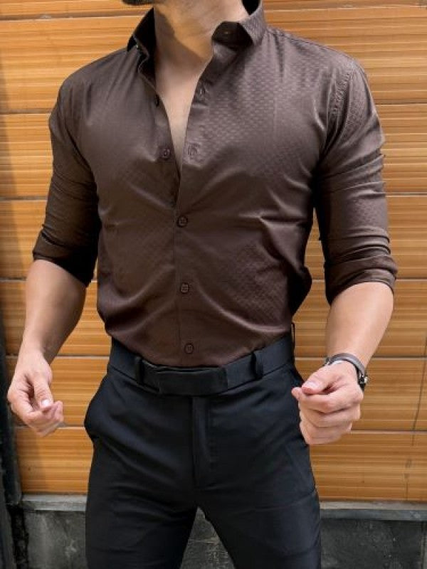 Satin Self Printed Brown Full sleeve Shirt