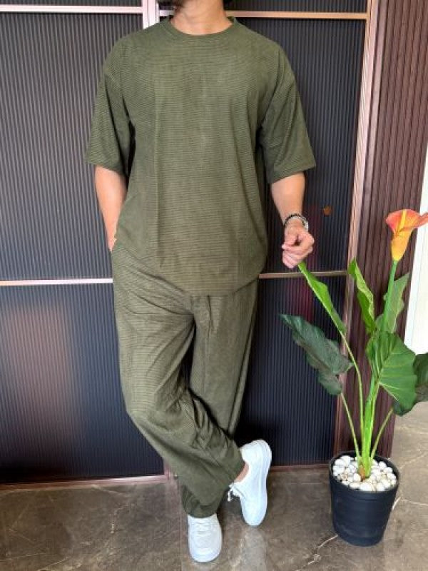 Over Size Waffle Olive Cord Set
