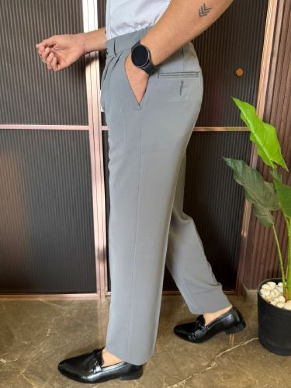 Adjustable Pleated Straight Fit Grey Trouser
