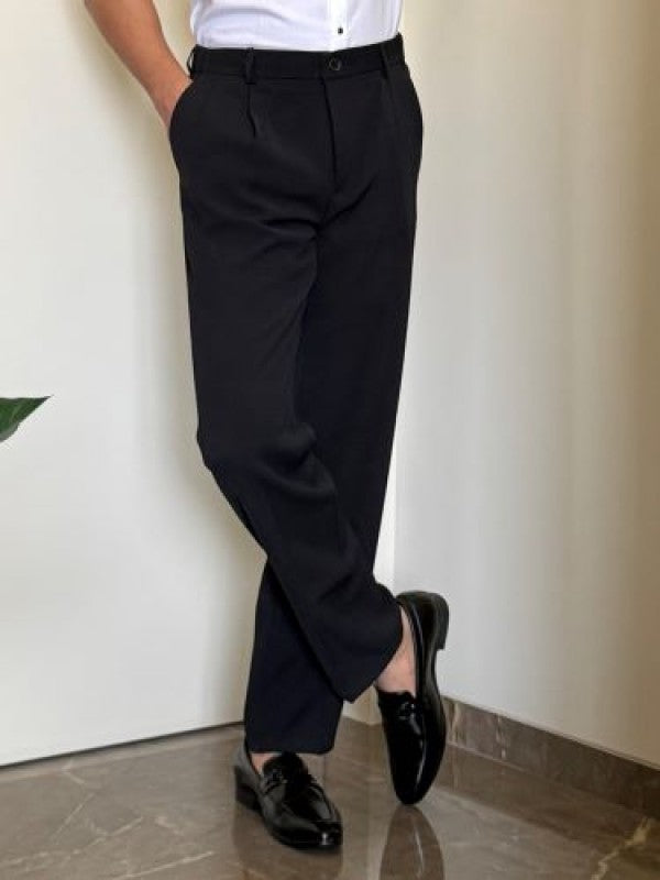 Adjustable Pleated Straight Fit Black Trouser