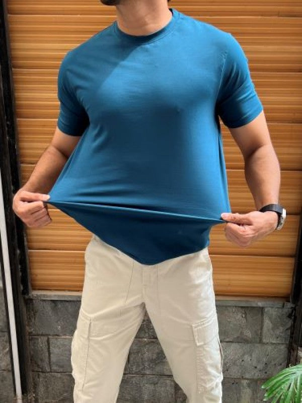 Cotton Lycra Plain Blue Half T shirt