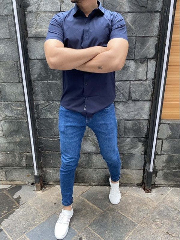 Plain Cotton Lycra Navy Shirt
