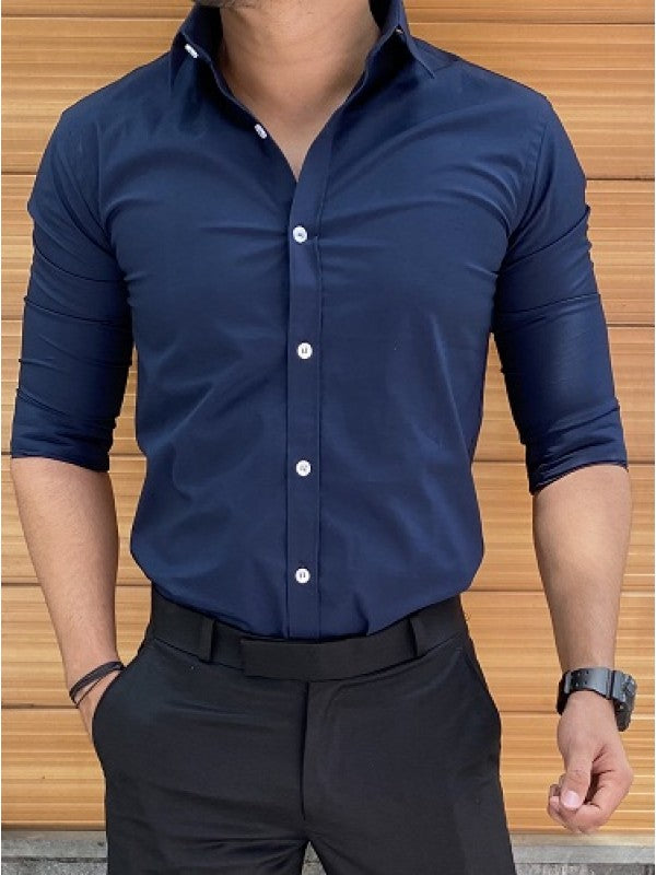 Plain Stretchable Navy Fullsleeves Shirt
