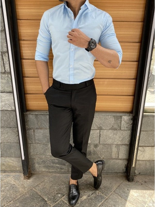 Plain Stretchable Sky Blue Fullsleeves Shirt
