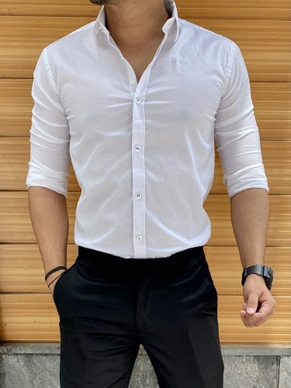 Plain Stretchable White Fullsleeves Shirt