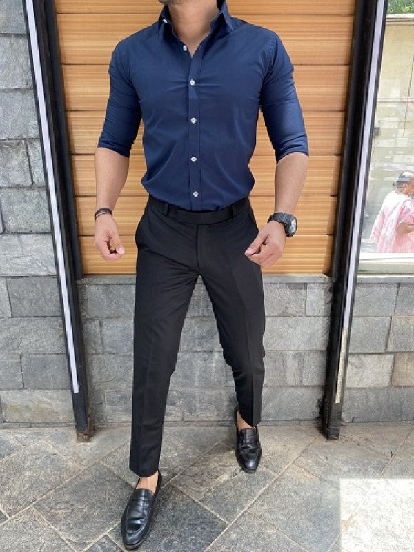 Plain Stretchable Navy Fullsleeves Shirt