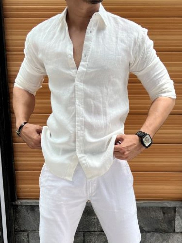 Linen Fabric Collar White Fullsleeves Shirt