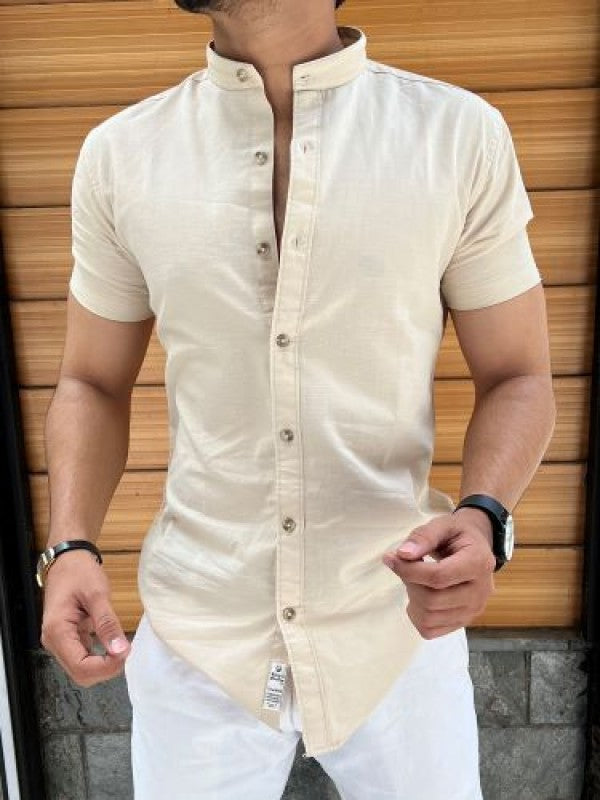 Chinese Collar Beige Linen Slub Half Shirt