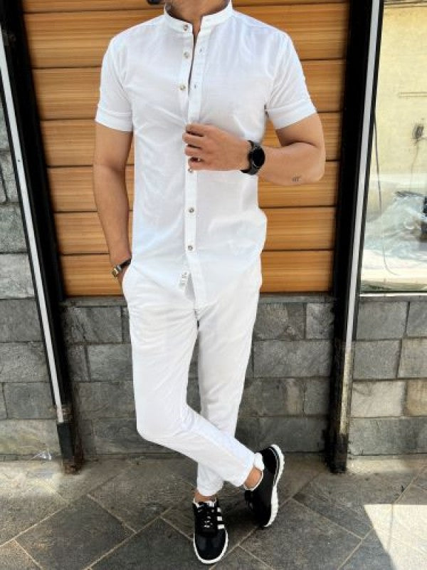 Chinese Collar White Linen Slub Half Shirt