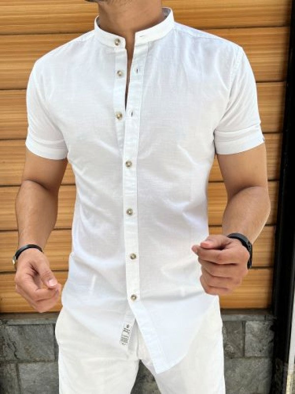 Chinese Collar White Linen Slub Half Shirt