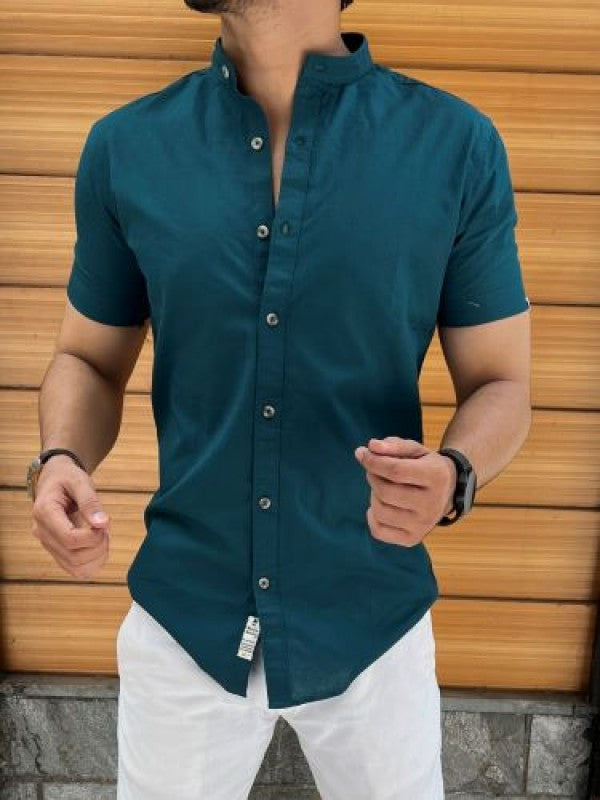 Chinese Collar Blue Linen Slub Half Shirt