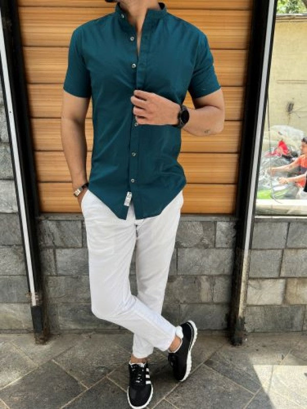 Chinese Collar Blue Linen Slub Half Shirt