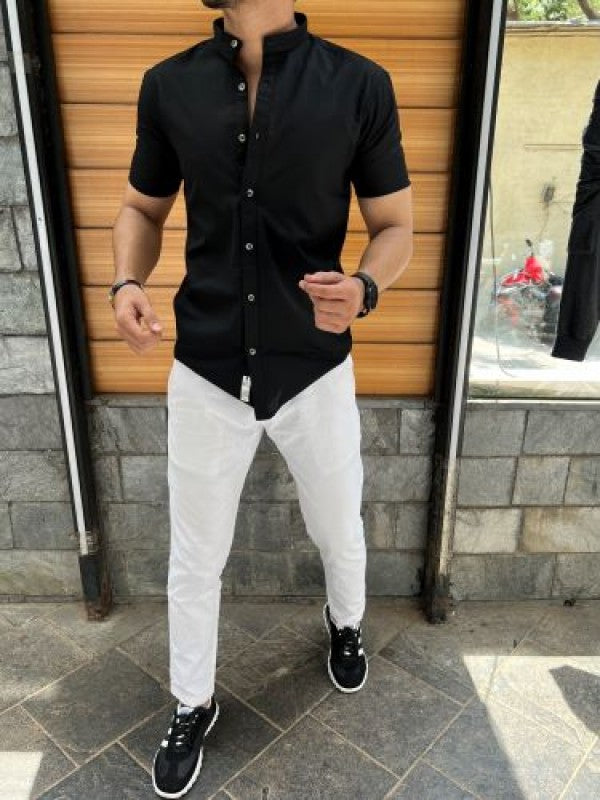 Chinese Collar Black Linen Slub Half Shirt