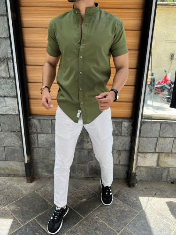 Chinese Collar Green Linen Slub Half Shirt