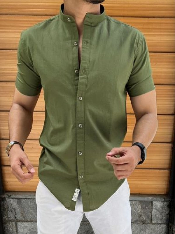 Chinese Collar Green Linen Slub Half Shirt