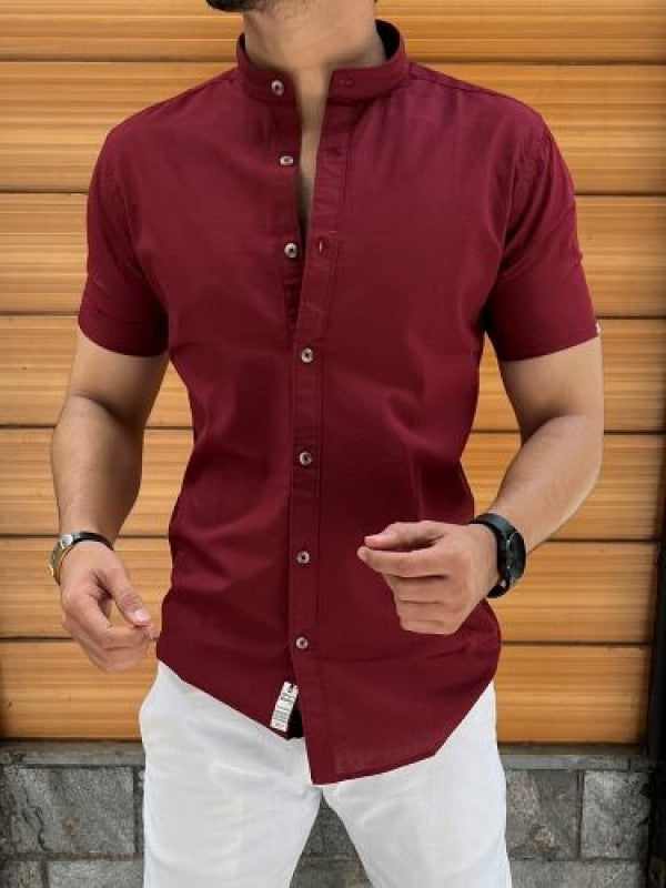 Chinese Collar Maroon Linen Slub Half Shirt
