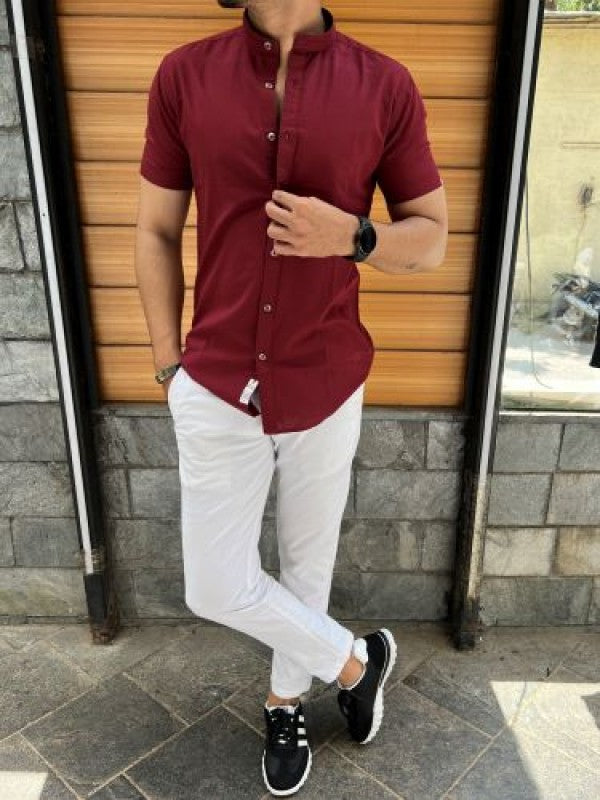Chinese Collar Maroon Linen Slub Half Shirt