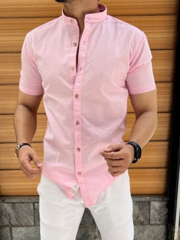 Chinese Collar Pink Linen Slub Half Shirt