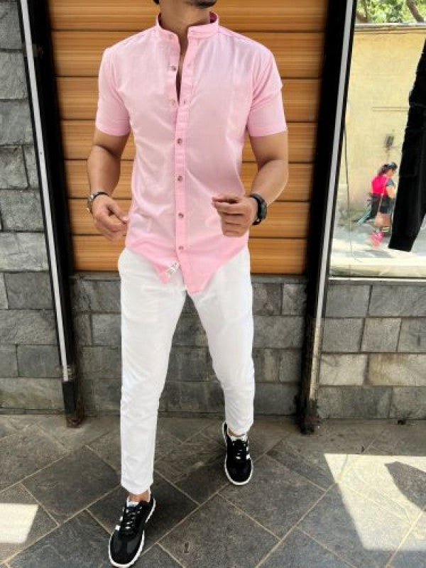 Chinese Collar Pink Linen Slub Half Shirt