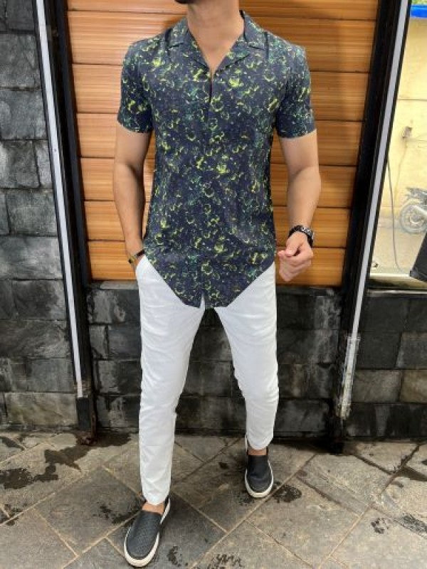 Cuban Collar Printed Green Shirt