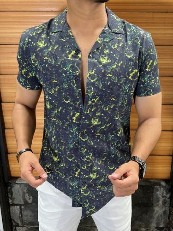 Cuban Collar Printed Green Shirt