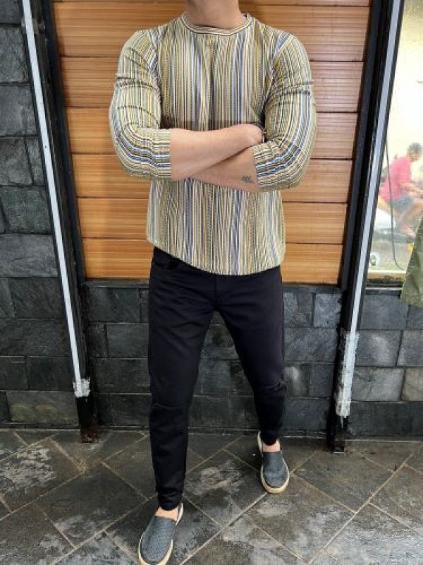 Vertical Yellow Jacquard Fullsleeves Tshirts
