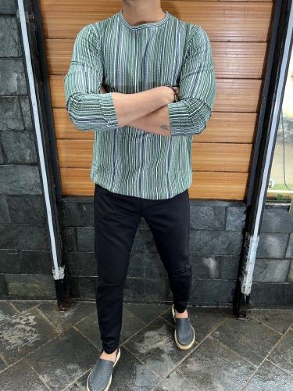 Vertical Green Jacquard Fullsleeves Tshirts