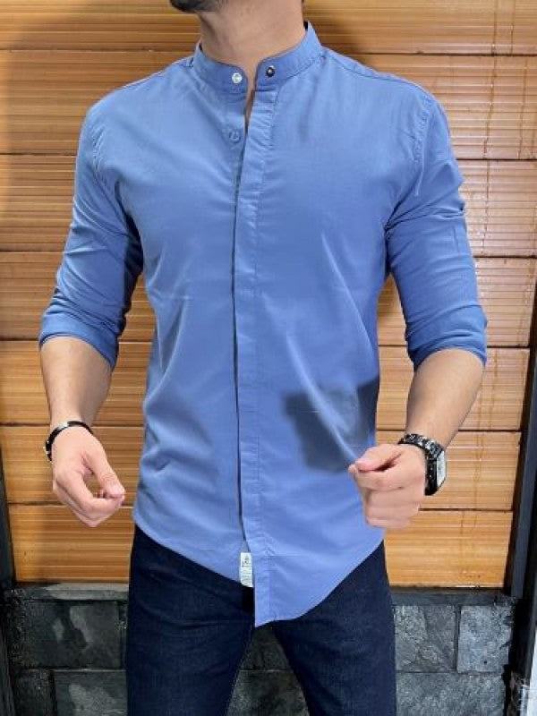 Stretchable Chinese Collar Blue Shirt