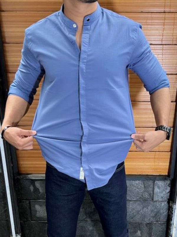 Stretchable Chinese Collar Blue Shirt